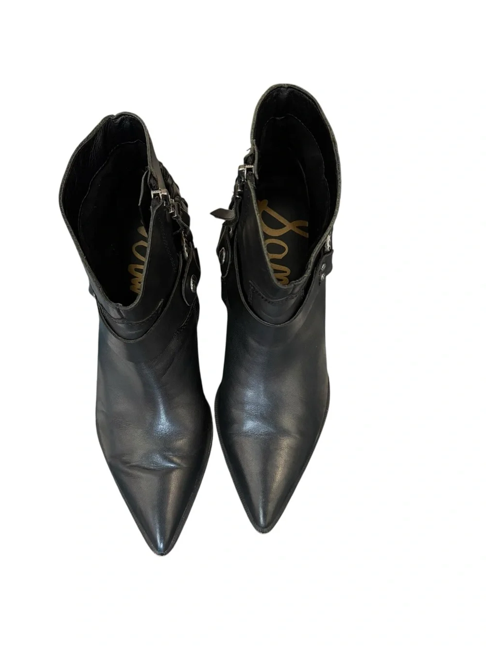 Sam Edelman Riker Vaquero Saddle Black Leather Pointed Toe Harness Ankle Boots